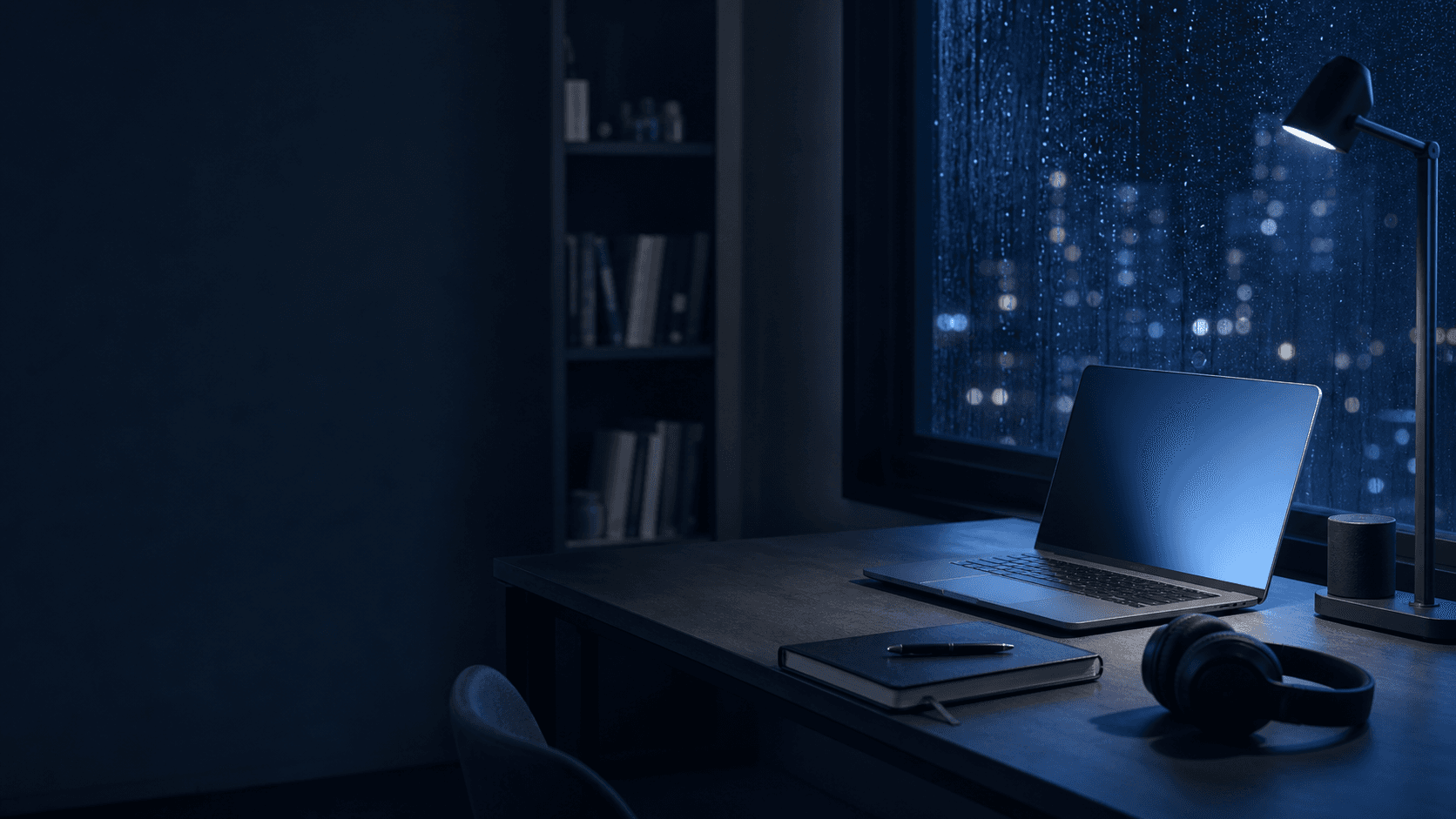 A focused student study desk with a laptop, notes, calendar and warm ambient lighting