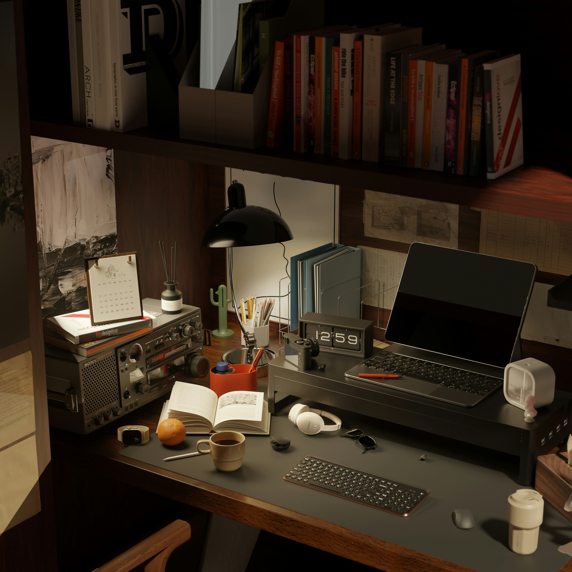 Cozy study desk by a rainy window at dusk
